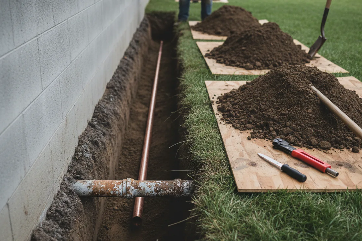 Excavated water line trench during Water Softener Installation in Temple